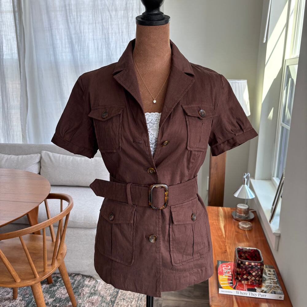 Y2K Alfani Linen Blend Utility Belted Blazer Jacket Short‎ Sleeve Brown Size 2